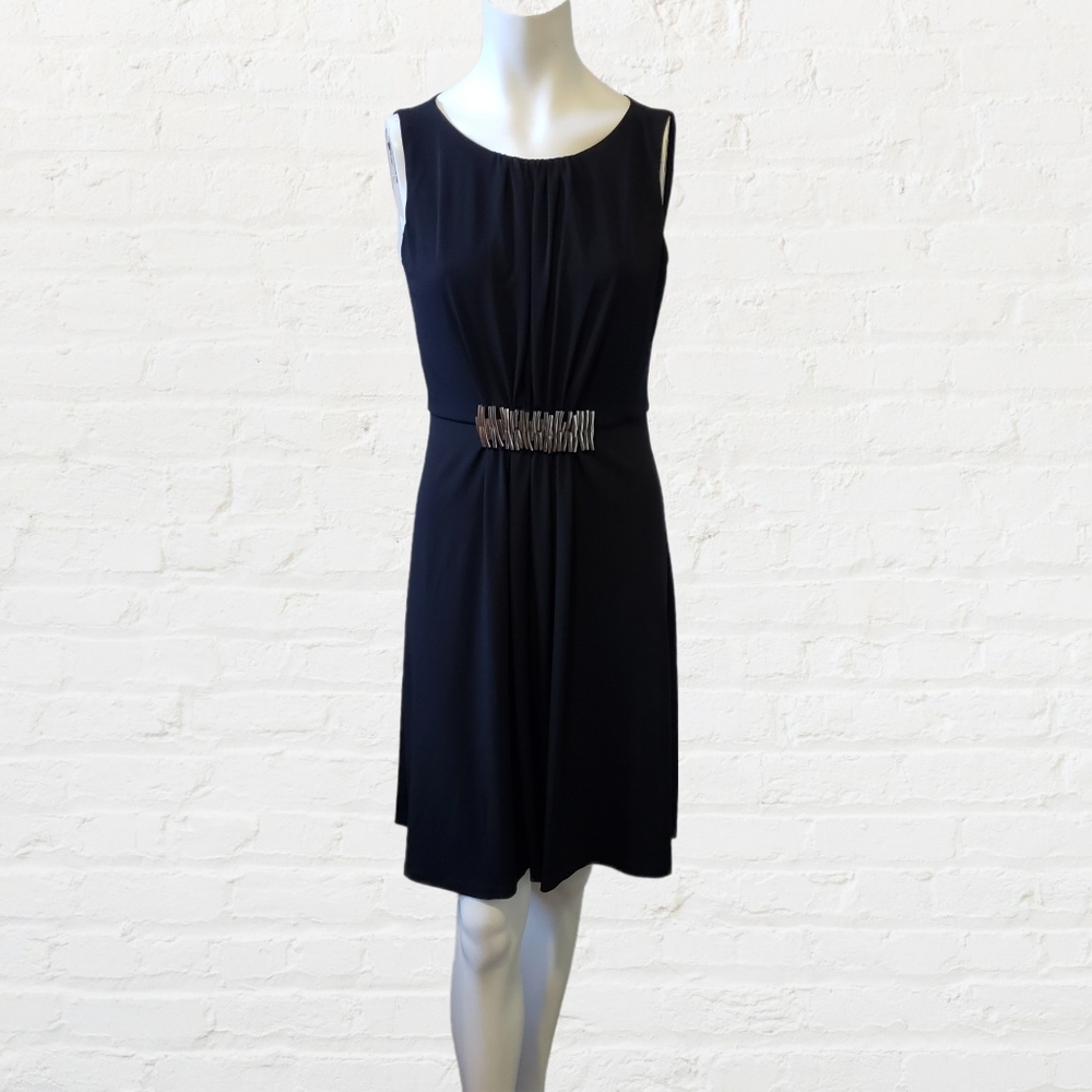 Calvin Klein black sleeveless crew neckline A-line dress w metal details